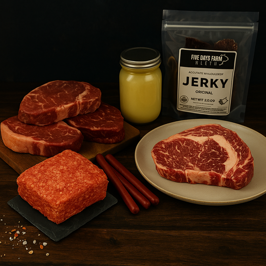 Five Oaks Farm Wagyu The Wagyu Welcome Box with assorted Wagyu beef products in a branded box.