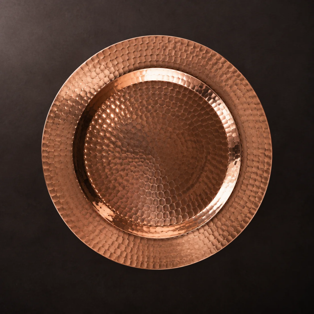 Sertodo Thessaly 13-inch copper charger plates, decorative round plates with a shiny copper finish for table settings.