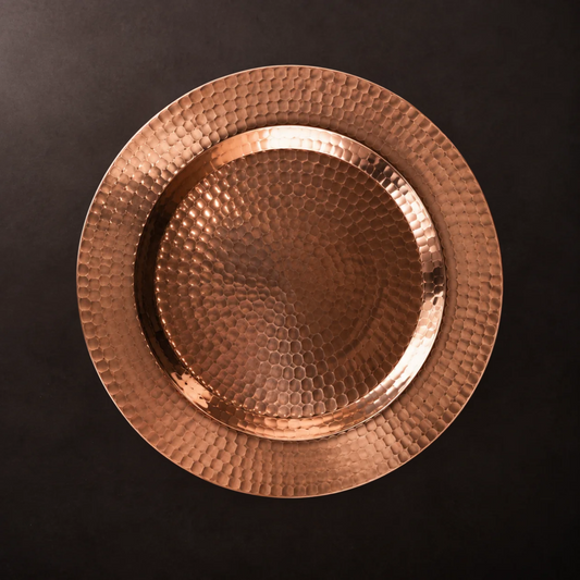 Sertodo Thessaly 13-inch copper charger plates, decorative round plates with a shiny copper finish for table settings.