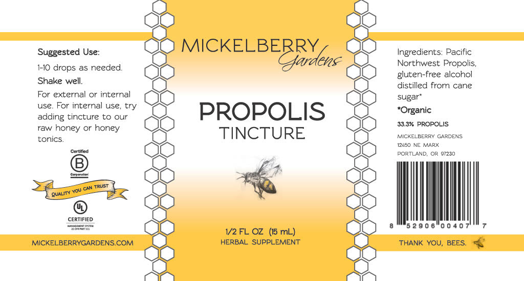 Mickelberry Gardens Propolis Tincture in a 0.5 oz bottle, honey tonic with natural propolis extract for health support.
