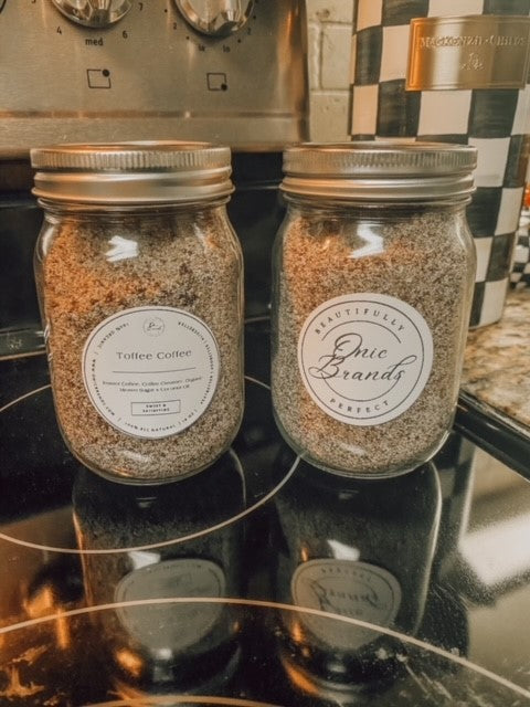 Onic Brands Toffee Coffee Mix dry powder in a jar, with toffee and coffee flavor visible in the image.