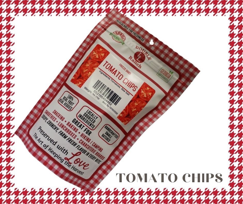 Freeze-dried tomato chips by Double L Ranch, crispy tomato slices with vibrant red color and textured surface.