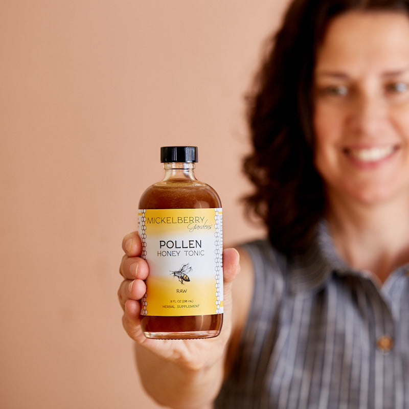Traditional oxymel honey tonic with fermented bee pollen and nettle, crafted by Mickelberry Gardens for natural health support.