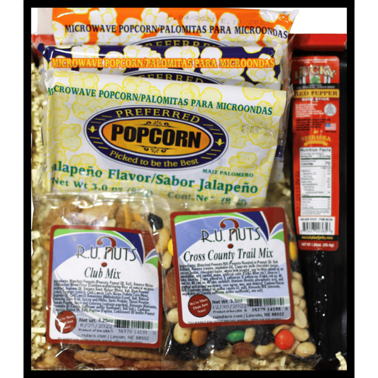 Assorted trail mix and snack gift box from BuyNebraska.com, featuring a variety of nuts, dried fruits, and snacks in a gift basket.