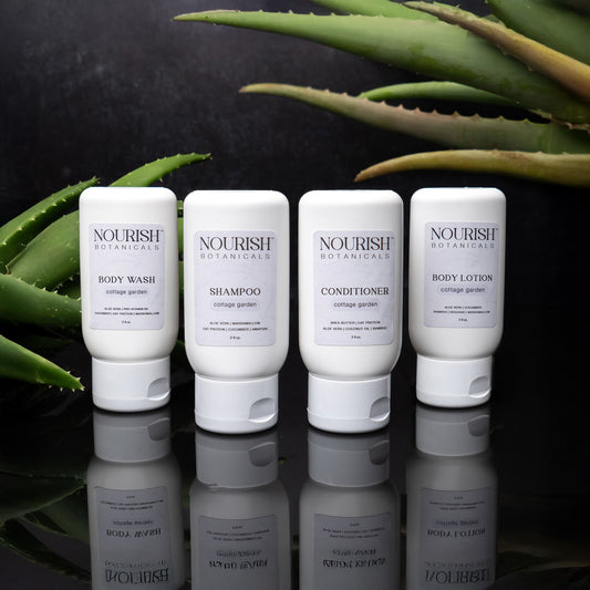 Rustic Strength Botanical Sample Set from Cottage Garden, featuring travel-sized bath and body products with floral botanical designs.