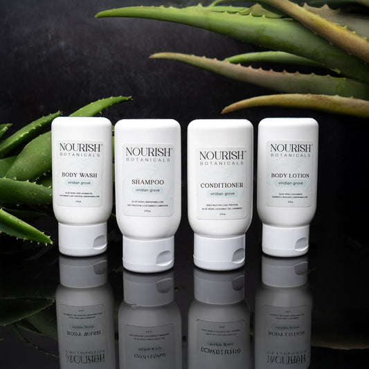Rustic Strength Botanical Sample Set from Viridian Grove, featuring natural bath and body products in travel-sized containers.