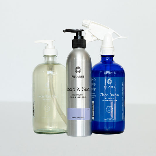 Fillaree refillable trio of individual products with lavender scent, designed for eco-friendly home cleaning and sustainability.