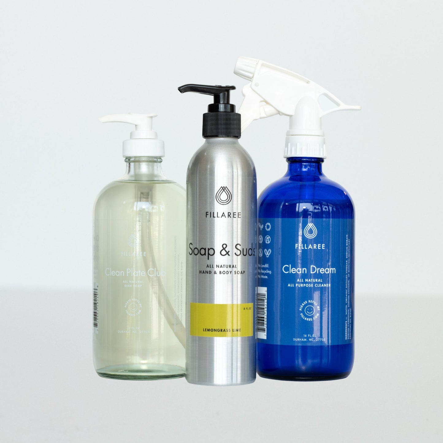 Fillaree refillable trio with lemongrass and lime scents, featuring three individual eco-friendly refill products for sustainable home cleaning.