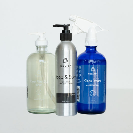 Fillaree Refillable Trio of unscented individual cleaning products for a sustainable, eco-friendly home cleaning solution.