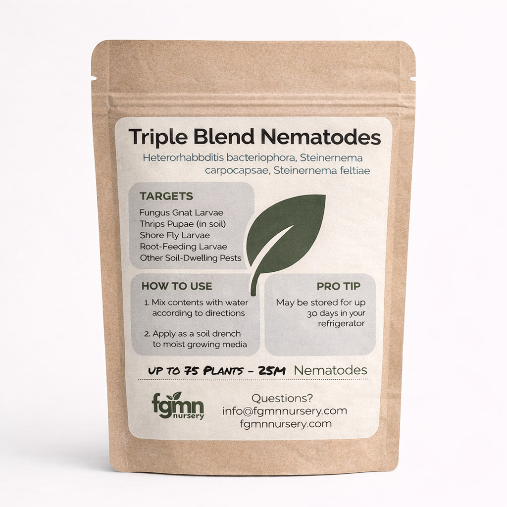 FGMN Nursery Triple Blend Nematodes for broad-spectrum soil pest control, natural treatment for garden and crop protection.
