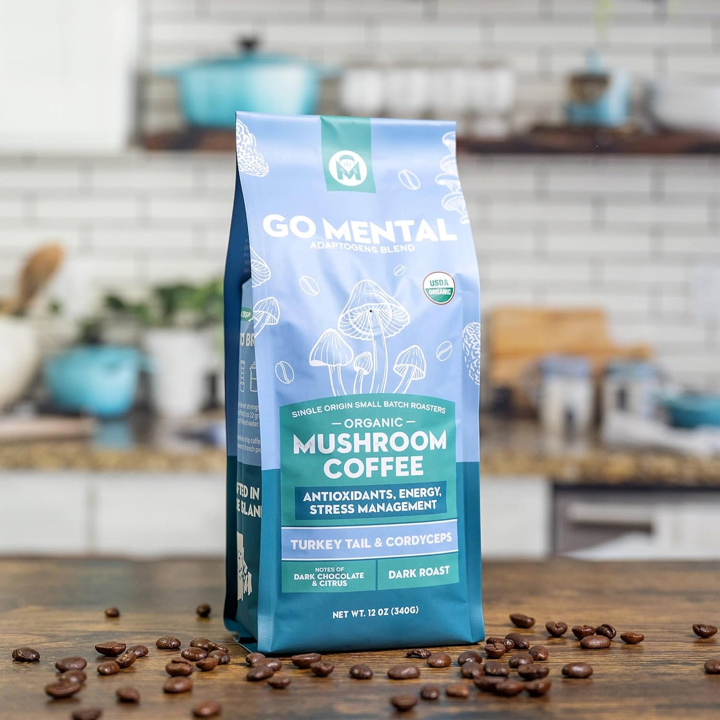 Turkey Tail and Cordyceps mushroom coffee adaptogen blend in a jar, with fresh mushrooms and coffee beans on a wooden surface.