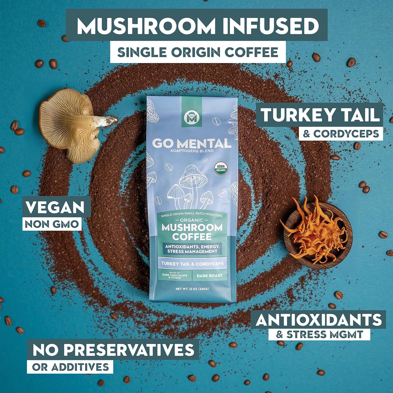 Turkey Tail and Cordyceps mushroom coffee adaptogens blend in a jar with a scoop, showcasing the GO MENTAL MUSHROOM COFFEE product.