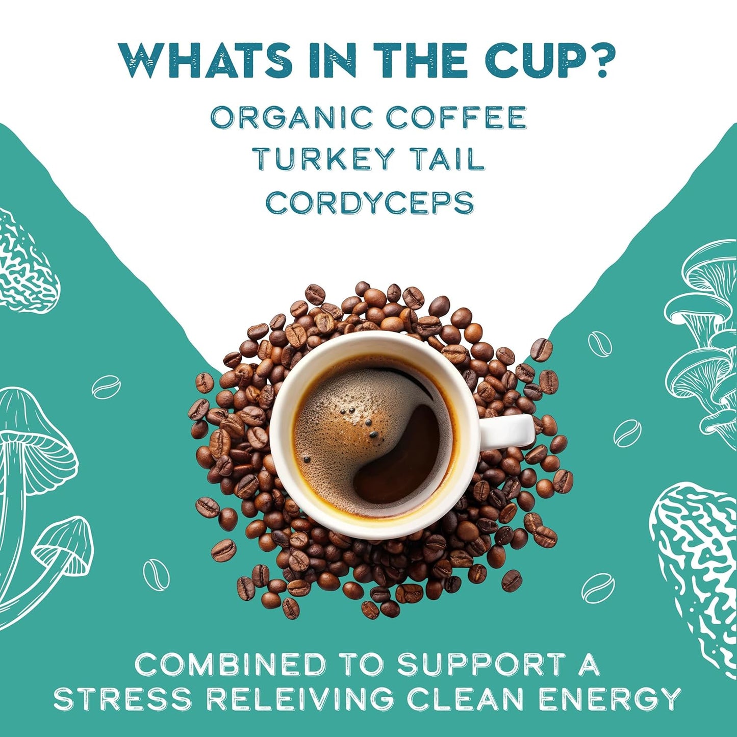 Turkey Tail and Cordyceps mushroom coffee adaptogen blend from GO MENTAL MUSHROOM COFFEE, featuring a bag of mushroom coffee with dried mushrooms.
