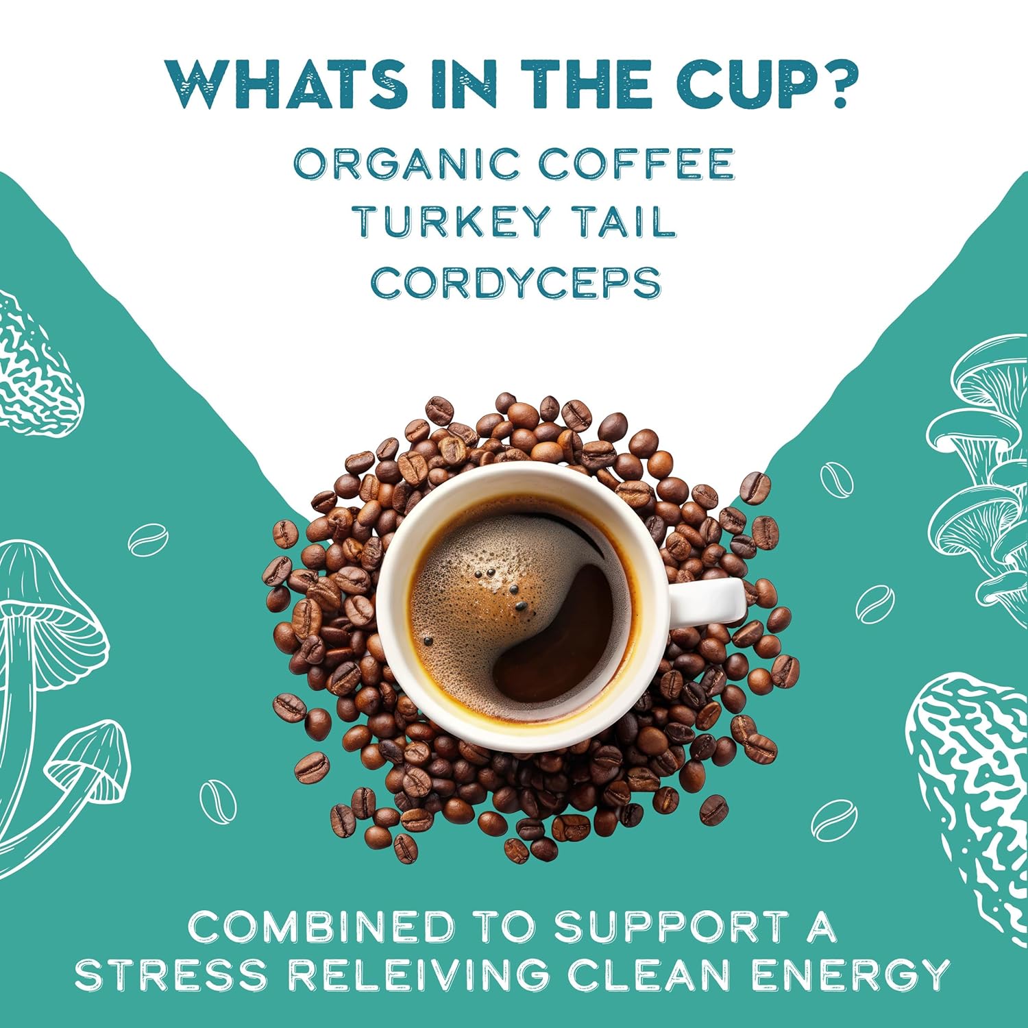 Turkey Tail and Cordyceps mushroom coffee adaptogen blend from GO MENTAL MUSHROOM COFFEE, featuring a bag of mushroom coffee with dried mushrooms.