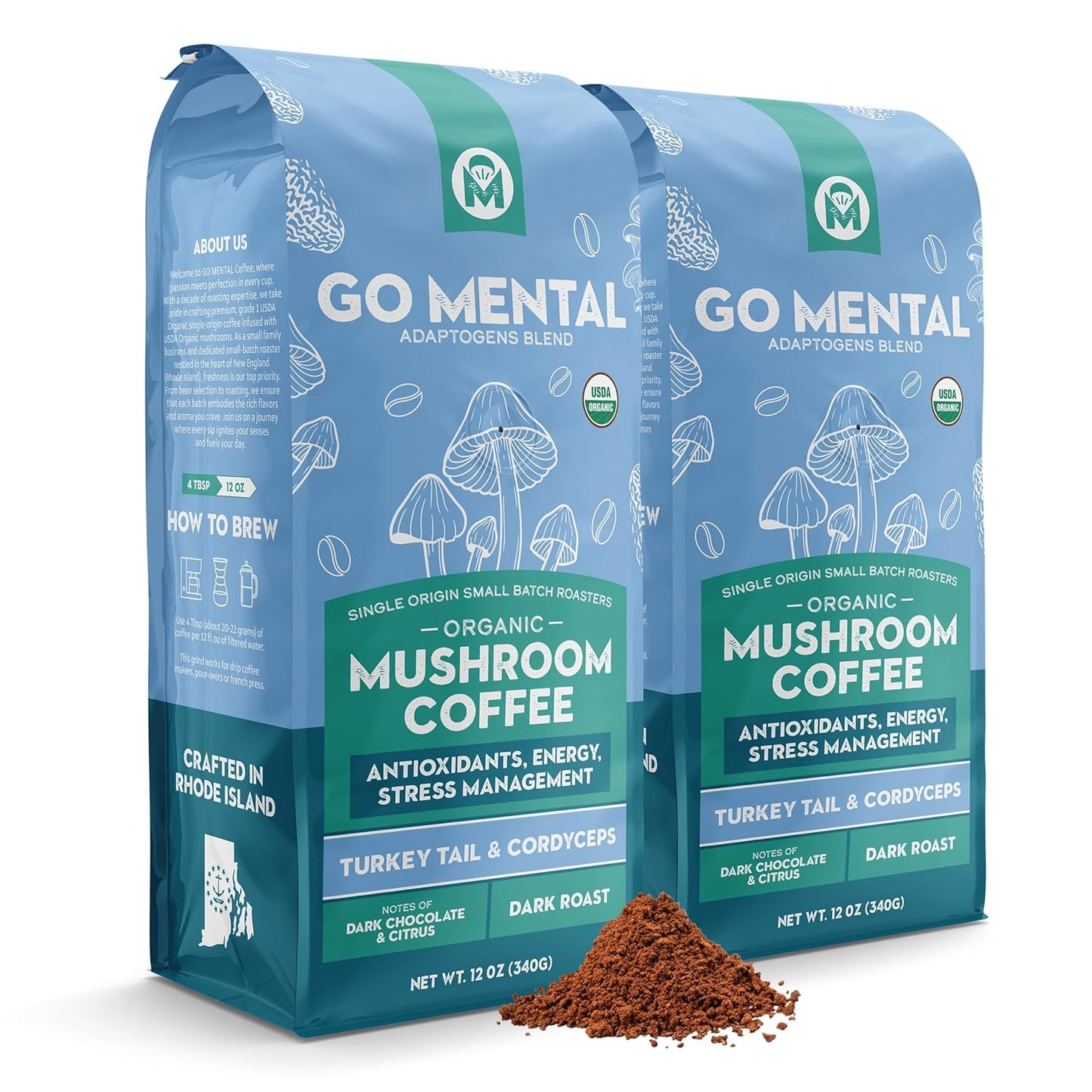 Turkey tail and cordyceps mushroom coffee adaptogen blend in a jar with a scoop, highlighting natural ingredients and earthy tones.