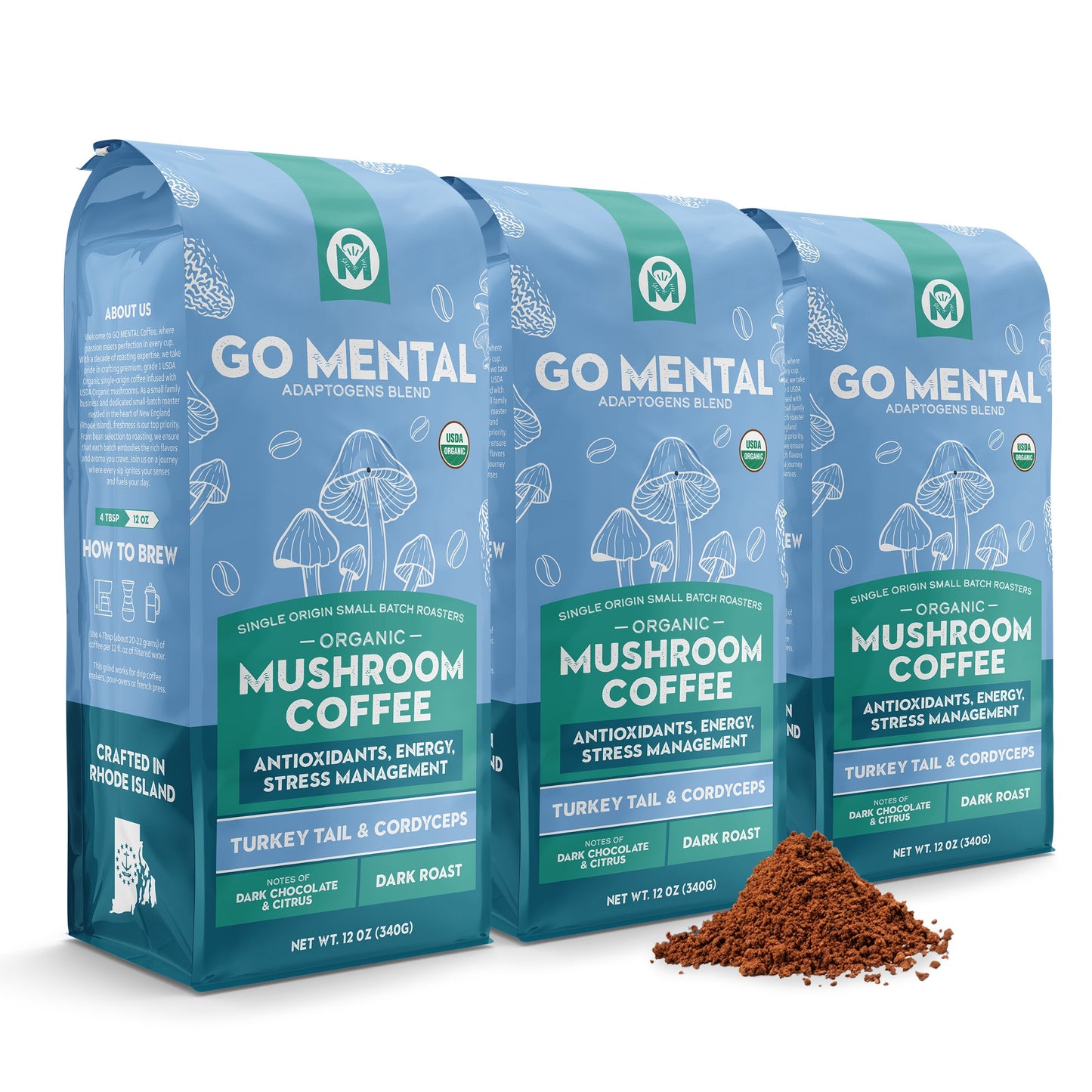 Turkey tail and cordyceps mushroom coffee adaptogens blend in a cup with a rich, earthy appearance, showcasing GO MENTAL MUSHROOM COFFEE.