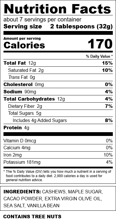 Creamy cacao cashew spread in an 8 oz jar by Mixed Up Foods, smooth nut butter with rich cacao and cashew ingredients.