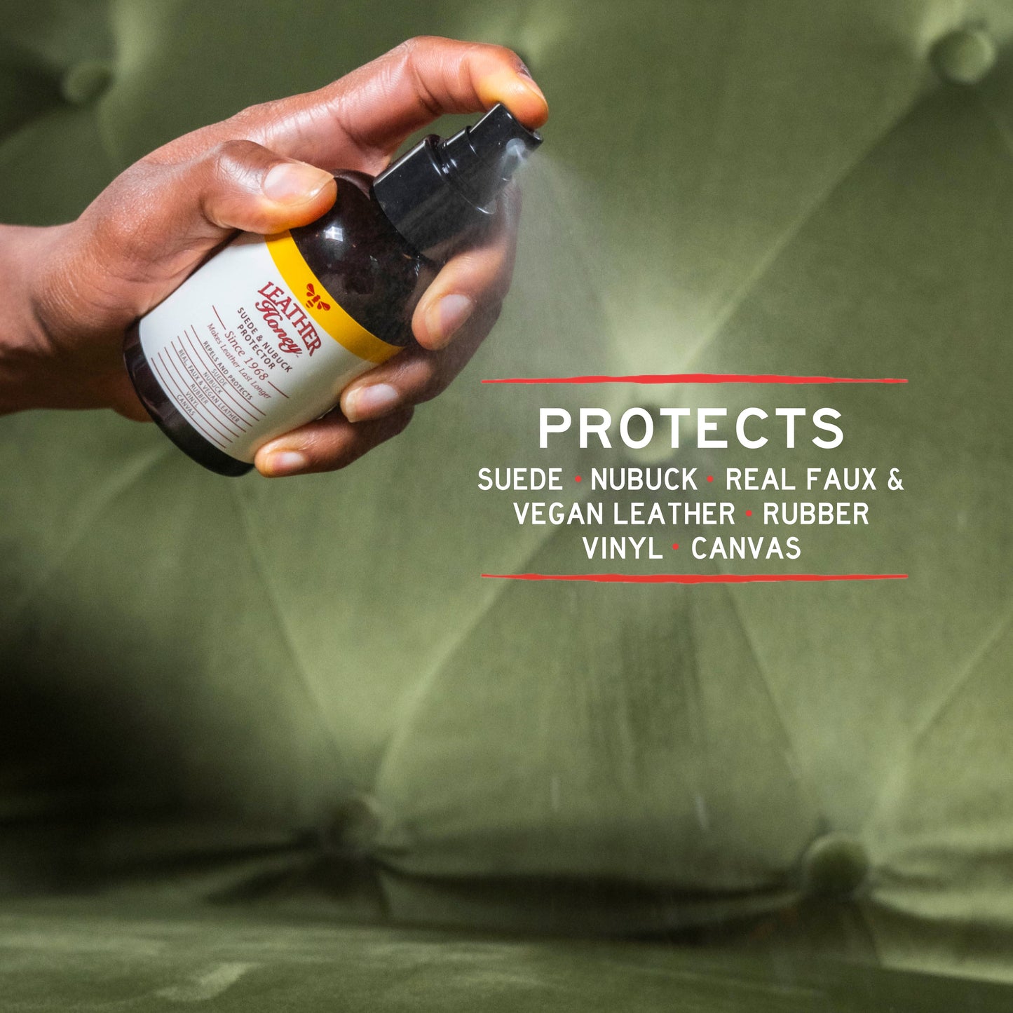 Leather Honey suede and nubuck protector spray bottle for leather care, in a 4oz kit with protective spray nozzle.