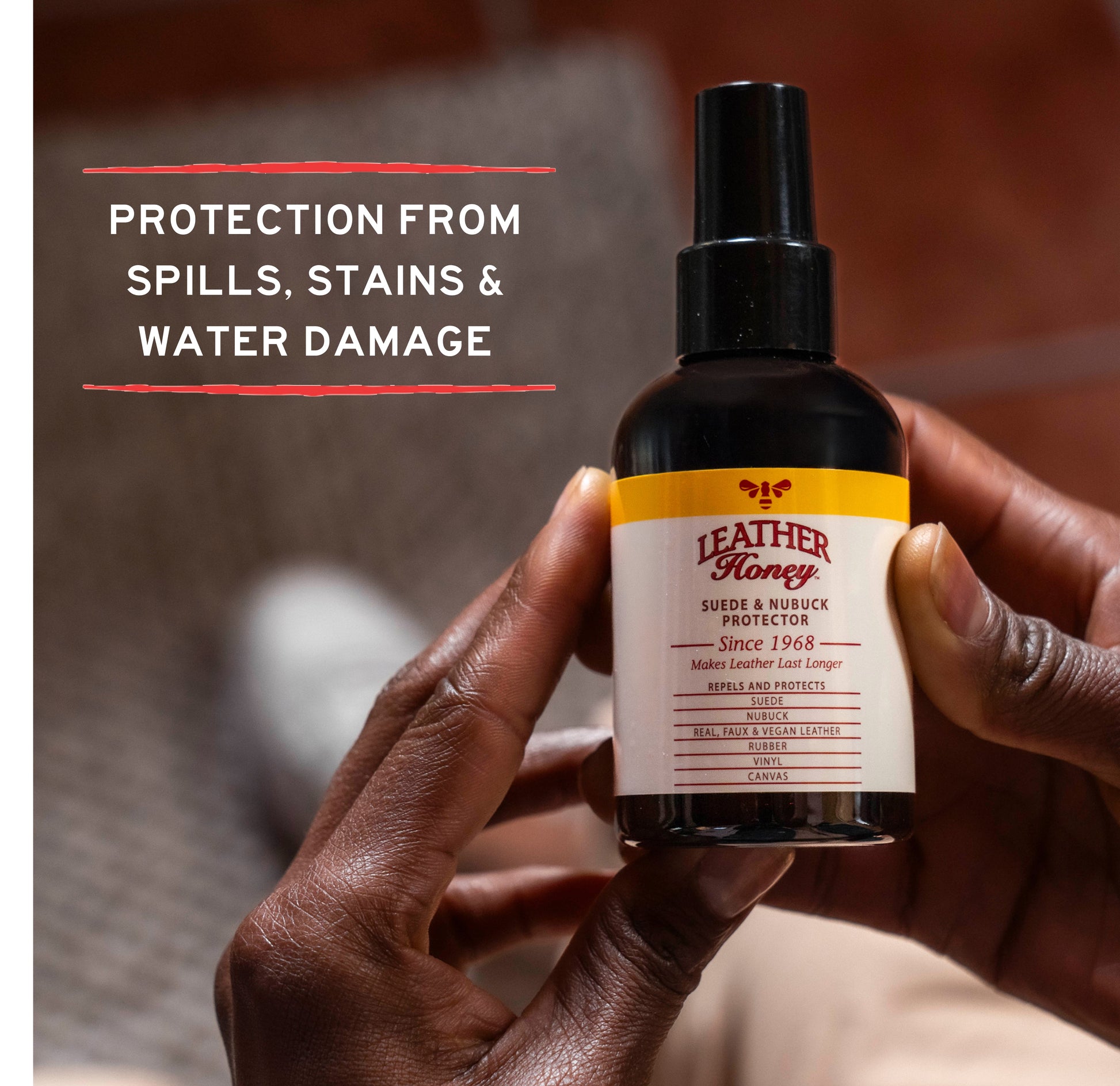Leather Honey suede and nubuck protector in a 4 oz leather care spray bottle, designed to protect and maintain suede and nubuck shoes or accessories.