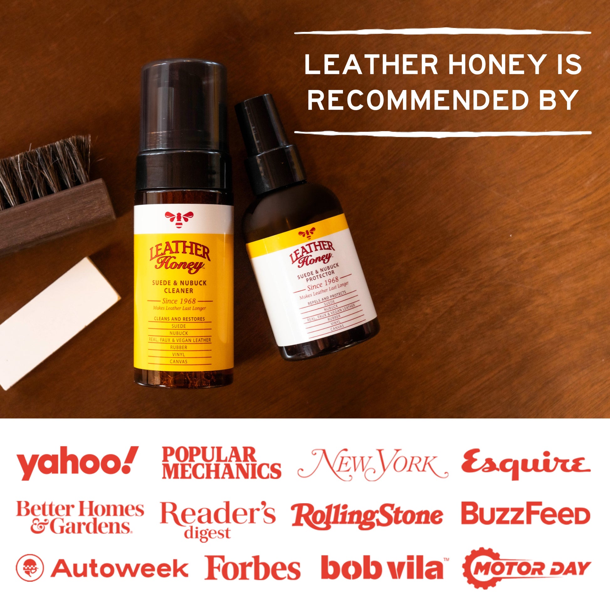 Leather Honey suede and nubuck care kit with brushes, cleaner, and conditioner for maintaining soft, clean suede and nubuck footwear.