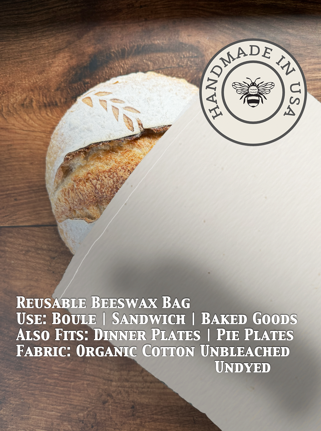 Unbleached, undyed beeswaxed bread bag from Five Oaks Farm, made from natural fabric for storing fresh bread.