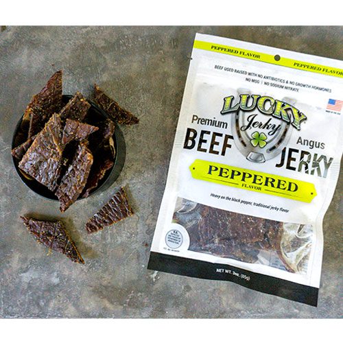 Black Pepper Beef Jerky from Nebraska Star Beef, 3 oz package, showing slices of seasoned dried beef with black pepper specks.