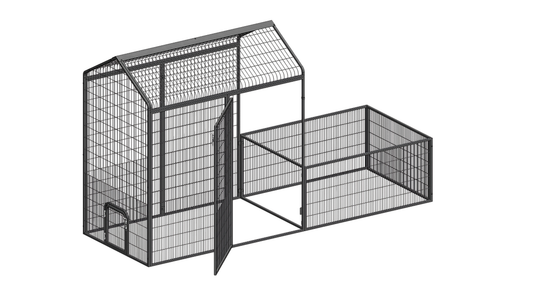 Standard Run Add-On for The Smart Coop chicken coop, featuring a sturdy metal run with mesh sides for outdoor poultry safety.