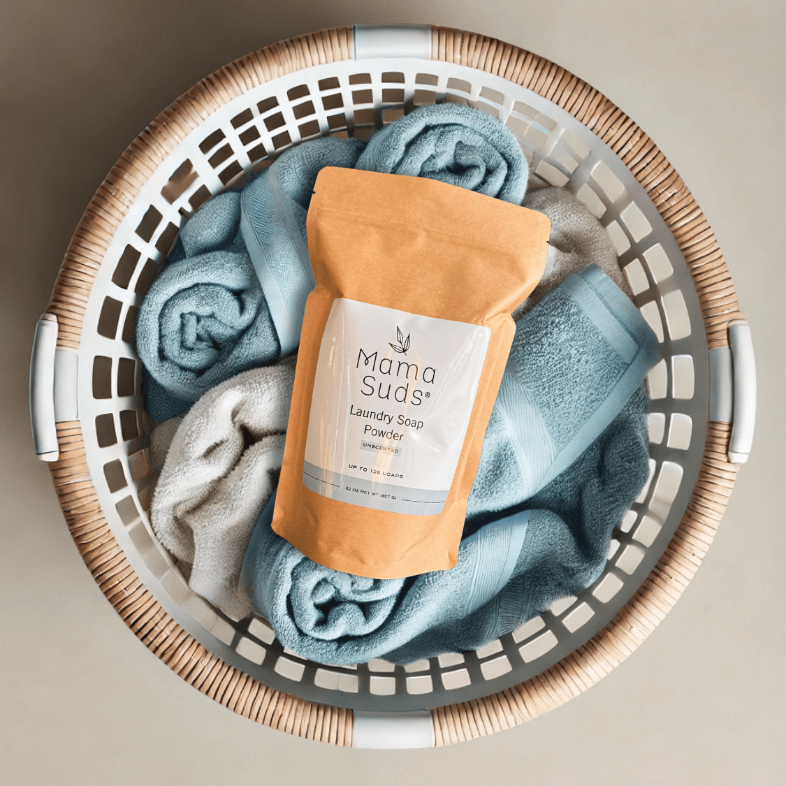 MamaSuds laundry soap powder for household cleaning, showing a box of natural laundry detergent on a clean surface.