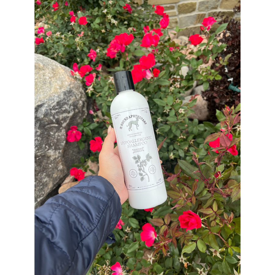 Unscented hypoallergenic dog shampoo in a 16 oz bottle, designed for sensitive pets, with gentle, natural ingredients from The Hound Apothecary