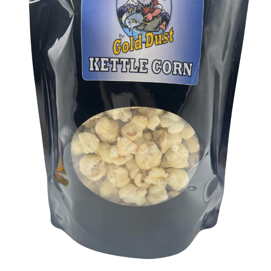 White chocolate covered kettle corn in a 6 oz bag, gluten-free, non-GMO, with gold dust accents, by BuyNebraska.com