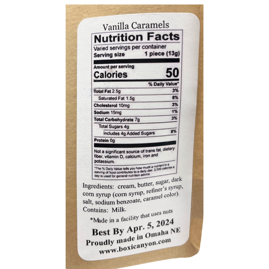 Box of 12 vanilla caramel candies from Boxicanyon Caramels, featuring creamy vanilla flavor and rich caramel texture.