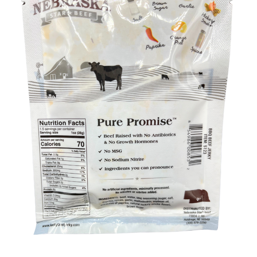 Nebraska Star Beef BBQ Beef Jerky 1.5 oz, sliced and seasoned beef jerky in a resealable package.