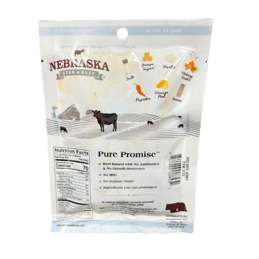Pack of Nebraska Star Beef BBQ Beef Jerky in a 1.5 oz package, featuring flavorful, sliced beef jerky on a white background.