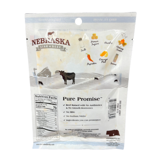 Pack of Nebraska Star Beef BBQ Beef Jerky in a 1.5 oz package, featuring flavorful, sliced beef jerky on a white background.