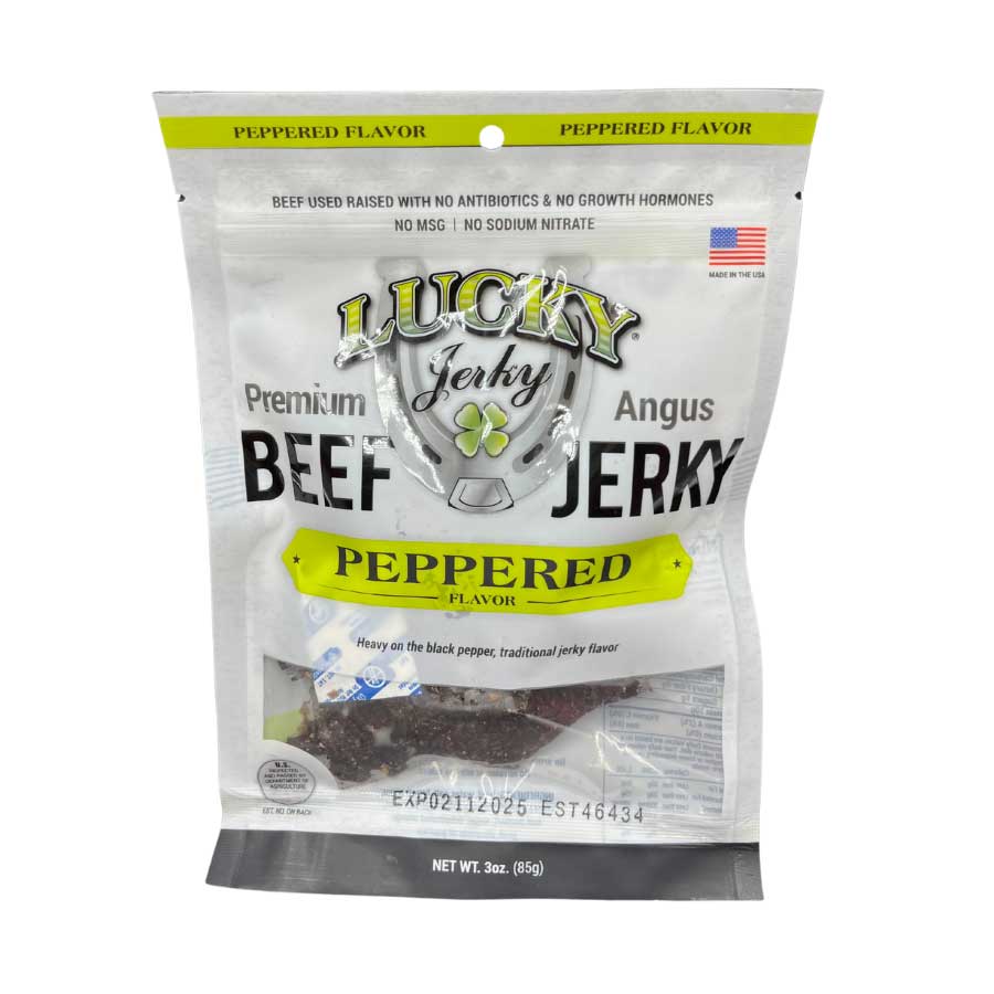 Black Pepper Beef Jerky from Nebraska Star Beef, 3 oz, showing thin slices of seasoned, savory beef jerky on a white background.