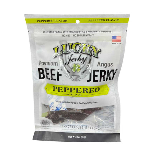 Black pepper beef jerky from Nebraska Star Beef, 3 oz package, showing savory dried beef slices with black pepper seasoning.