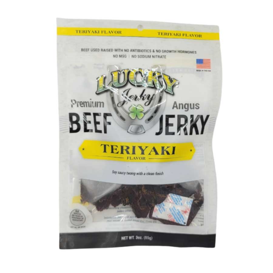 Nebraska Star Beef Teriyaki Beef Jerky in 3 oz package, showing shiny, sliced beef jerky pieces with a glossy teriyaki glaze.