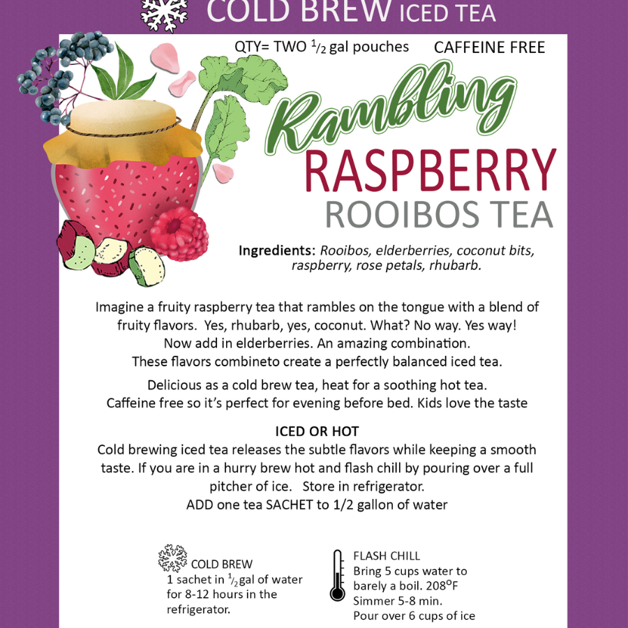 Rambling Raspberry Decaffeinated Tea in two half-gallon bags, beverage multipack from BuyNebraska.com, ready for brewing.