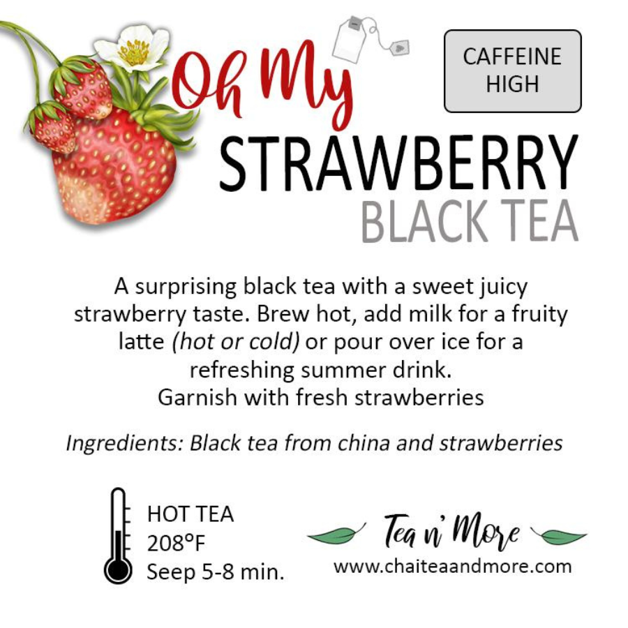 Cold brew black strawberry tea in a pitcher with two tea bags, caffeinated beverage from BuyNebraska.com.