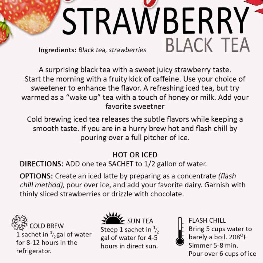 Cold brew black strawberry tea in pitcher bags, caffeinated beverage from Tea n More, perfect for refreshing summer drinks.