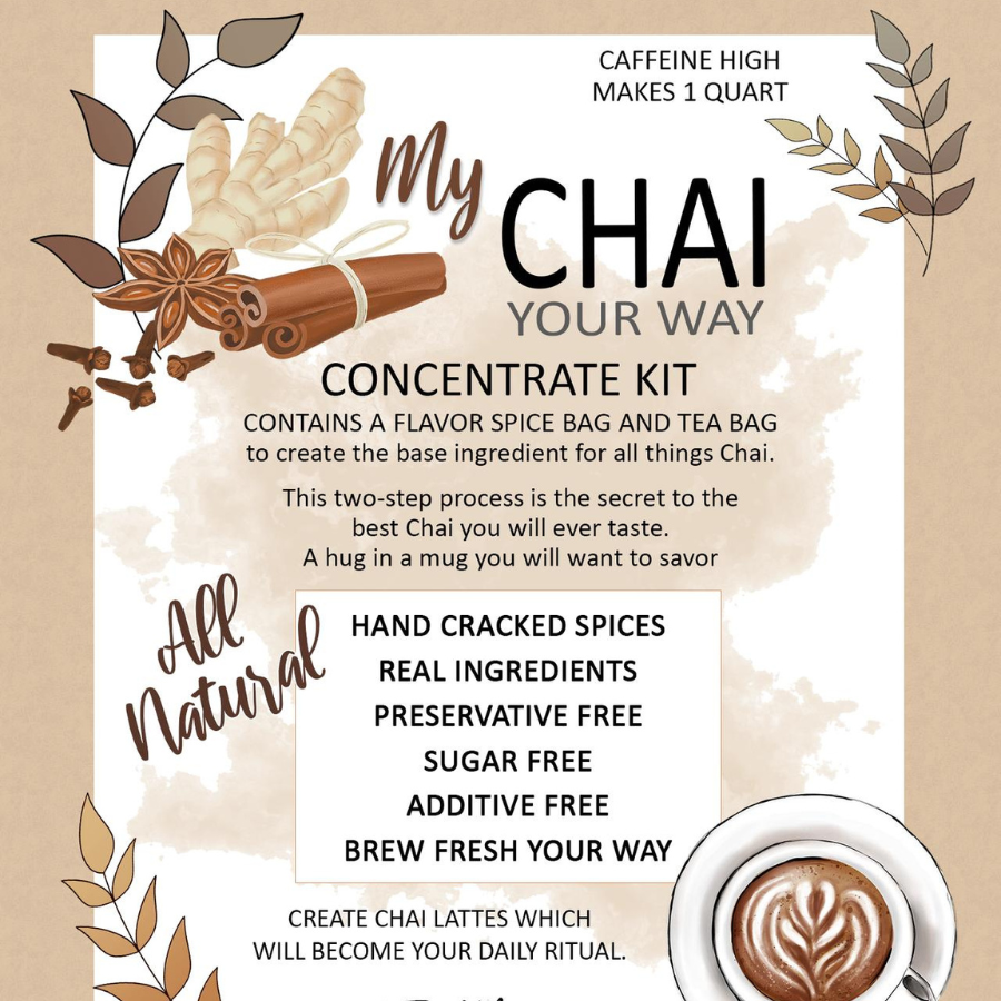 Two DIY Chai Tea Kits from Tea n More, featuring spice blends and ingredients for homemade chai tea preparation.