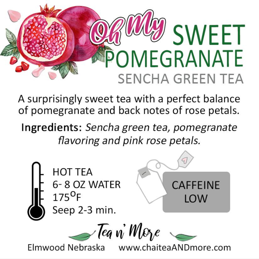 Sweet pomegranate and sencha green tea beverage in a box of 12 caffeinated tea bags from Sencha Green Tea by Tea n More.