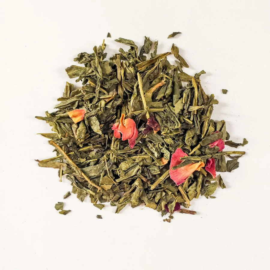Sweet pomegranate and sencha green tea beverage in a tea bag, caffeinated, from BuyNebraska.com, with a vibrant tea packaging design