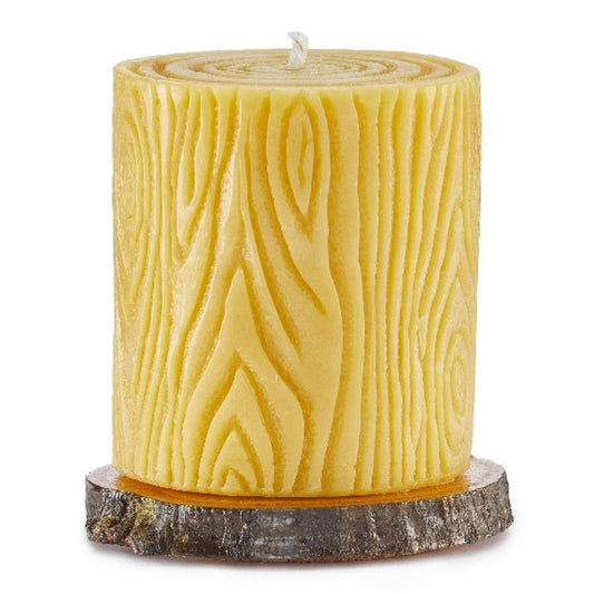 Beeswax candle with wooden base, 12 oz, in natural honey color, perfect for home decor and cozy ambiance.