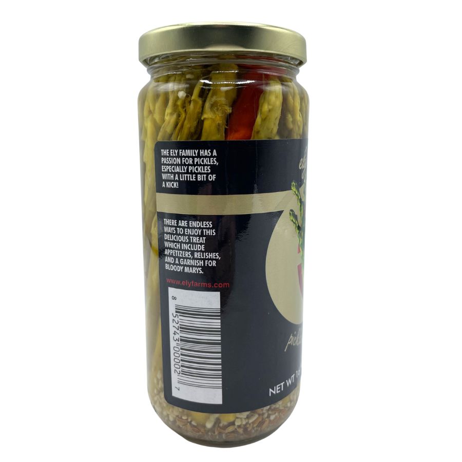 Jar of Ely Farms pickled asparagus in 16 oz glass container, showcasing vibrant green pickled spears ready to eat.