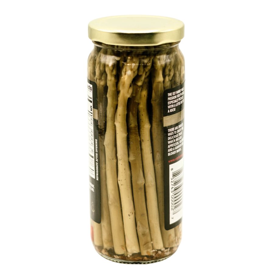Jar of Ely Farms pickled asparagus spears in a 16 oz glass jar, showing vibrant green asparagus submerged in pickling brine.