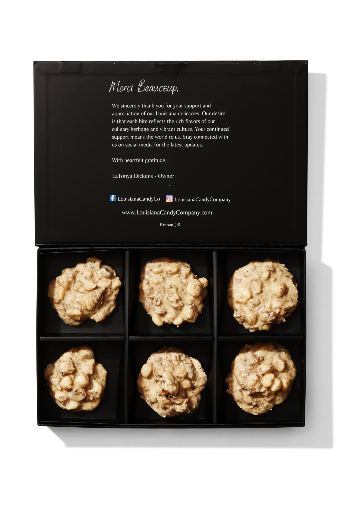 Toasted coconut and macadamia nut pralines from Louisiana Candy Company, showcasing the rich, caramelized treats with nuts and coconut.