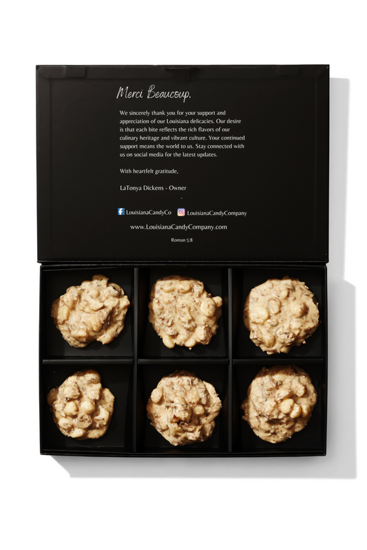 Toasted coconut and macadamia nut pralines from Louisiana Candy Company, showcasing the rich, caramelized treats with nuts and coconut.