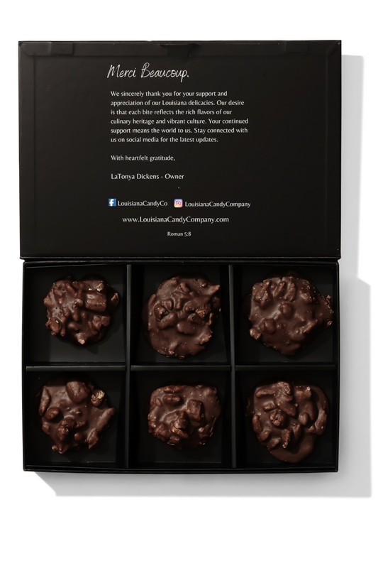 Six Mississippi Mudslide pralines from Louisiana Candy Company, creamy chocolate and pecan candies on a white background.