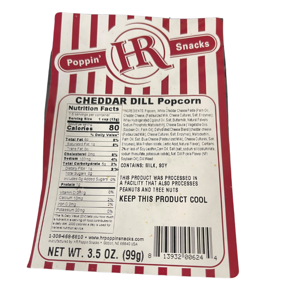 Cheddar Dill Popcorn in a 4 oz bag by HR Poppin' Snacks, showing seasoned popcorn with cheddar and dill flavoring.